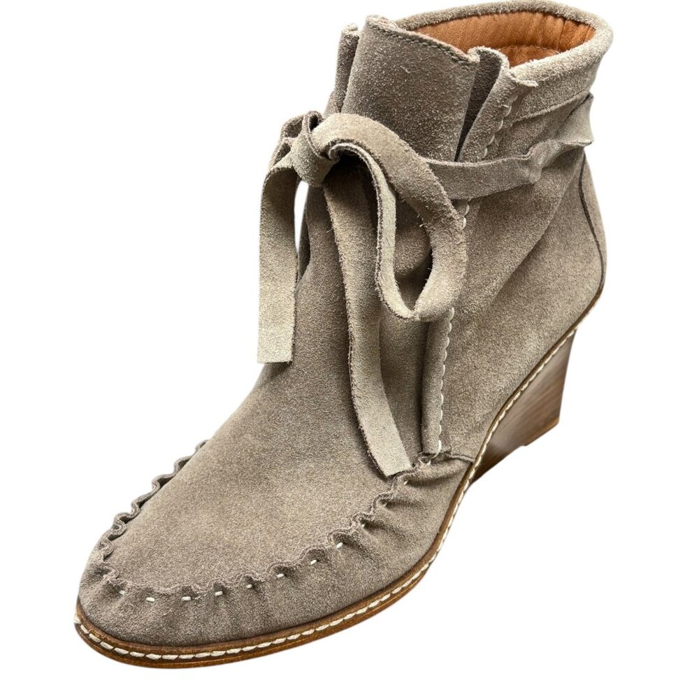 MATIKO Gray Suede Wedge Slip‎ On Ankle Tie Booties
